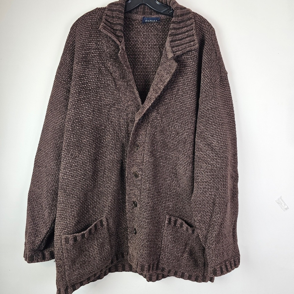 Canali Mens Brown Wool Blend Grandpa Knit Cardigan Sweater Made in Italy Size 52